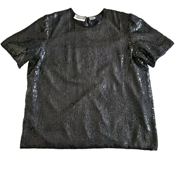 Michel Antoni Top Womens 2X Black Short Sleeve Sequined Silk Witchy Goth Retro - Picture 14 of 15